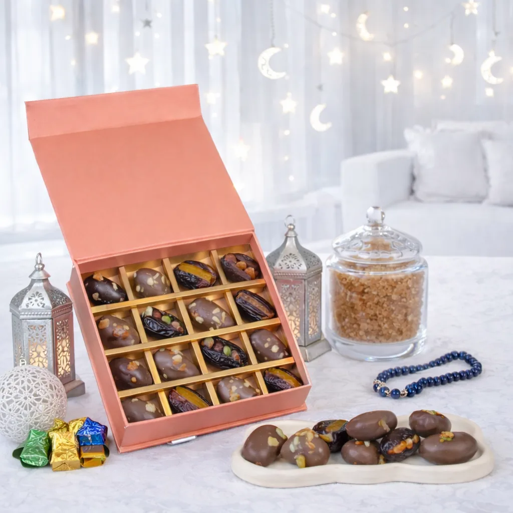 Pink gift box of chocolate-dipped dates with nuts, styled with silver Ramadan lanterns and star-and-moon fairy lights.
