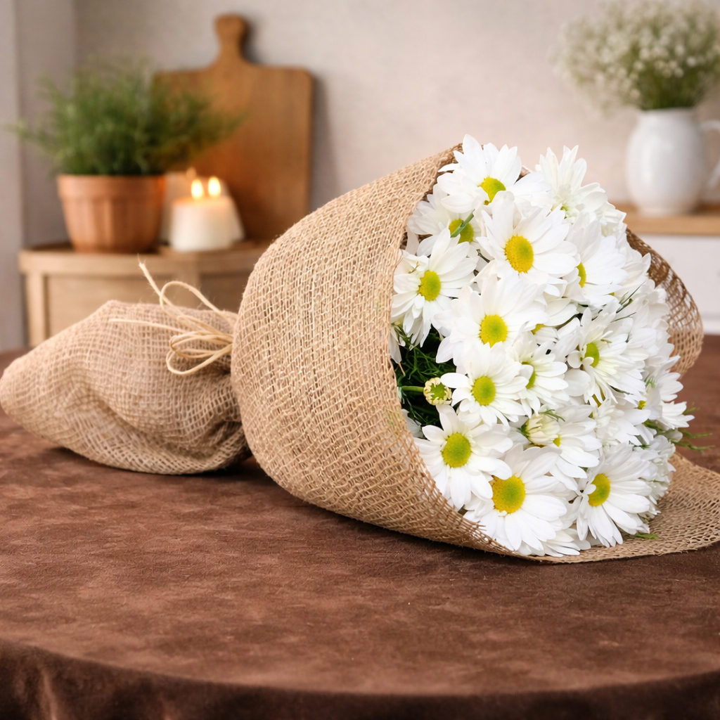White daisy bouquet wrapped in rustic burlap and tied with twine, laid on a brown table.