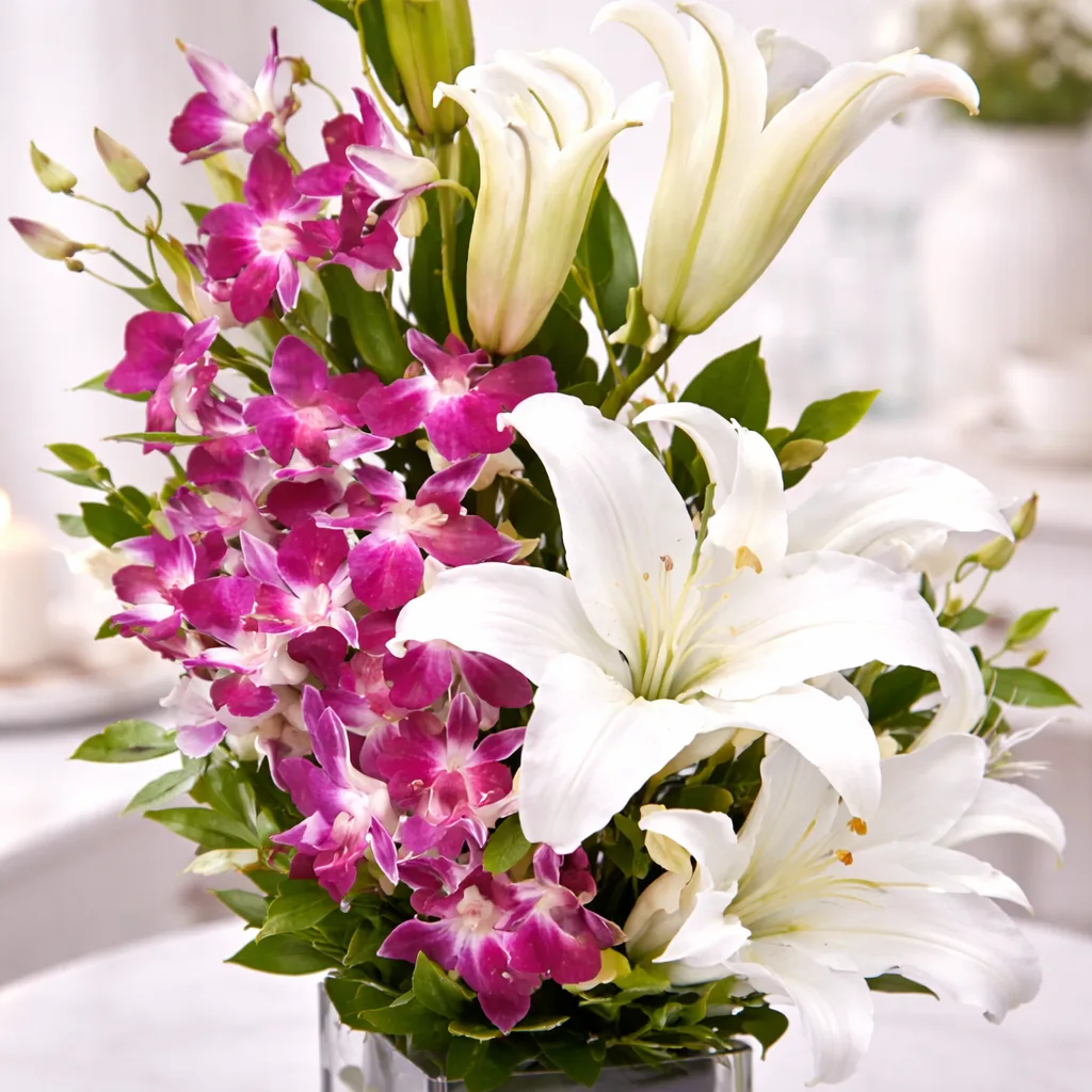 Close-up of purple dendrobium orchids and open white lilies with green foliage.