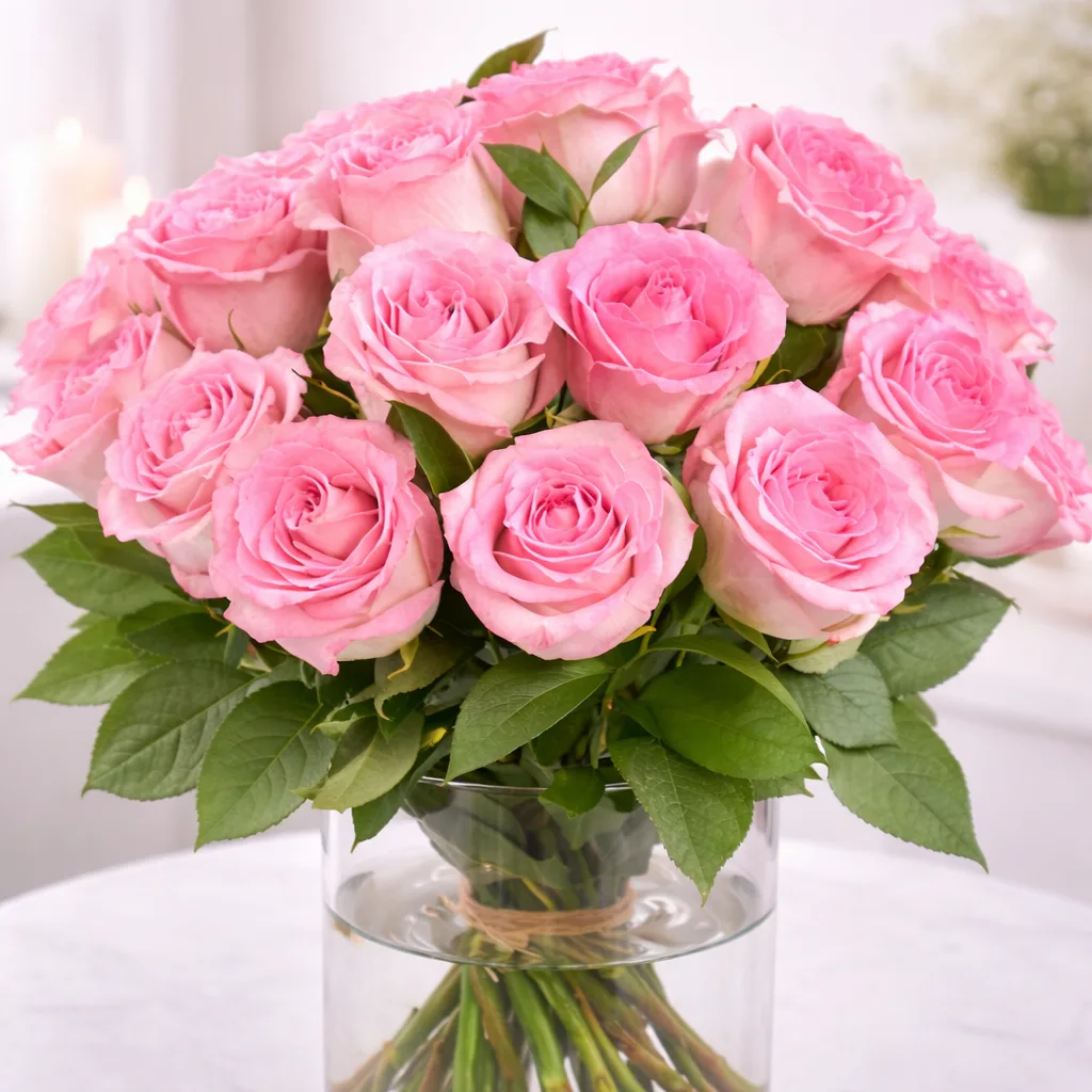 Close-up of a full pink rose bouquet with green leaves in a clear glass vase.