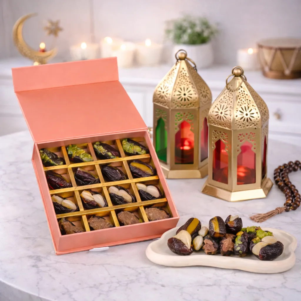 Pink gift box of assorted stuffed dates with nuts and pistachios, styled with gold Ramadan lanterns and prayer beads.