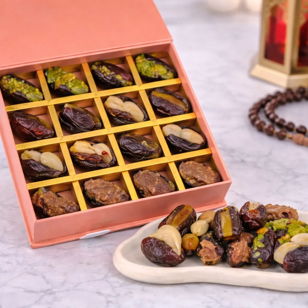 Assorted stuffed Medjool dates with pistachios, almonds, and walnuts in a pink gift box, with a Ramadan lantern and prayer beads in the background.
