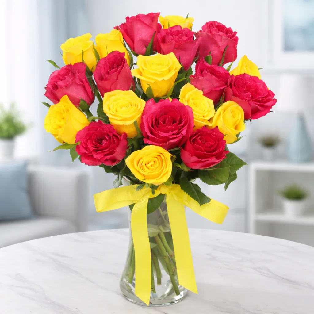 Red and yellow rose bouquet in glass vase with ribbon