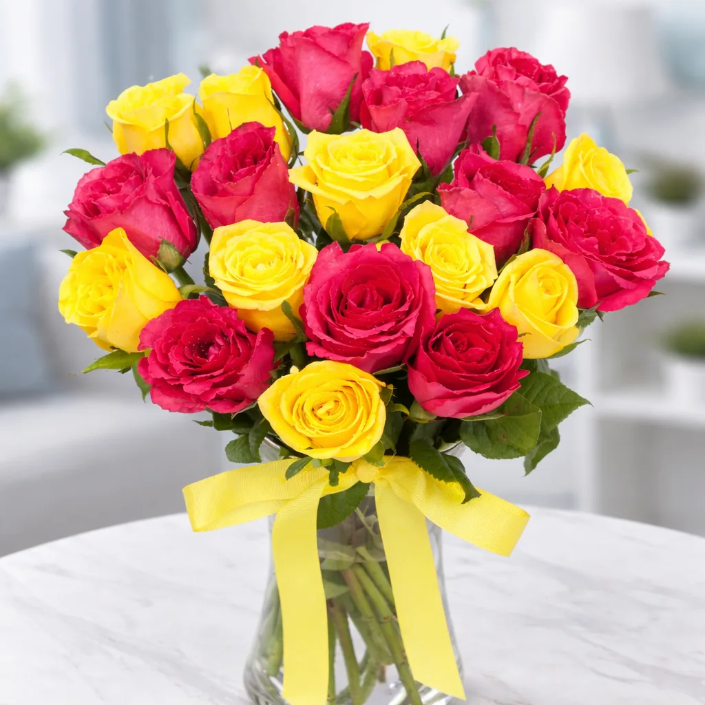Close-up mixed red and yellow roses flower arrangement