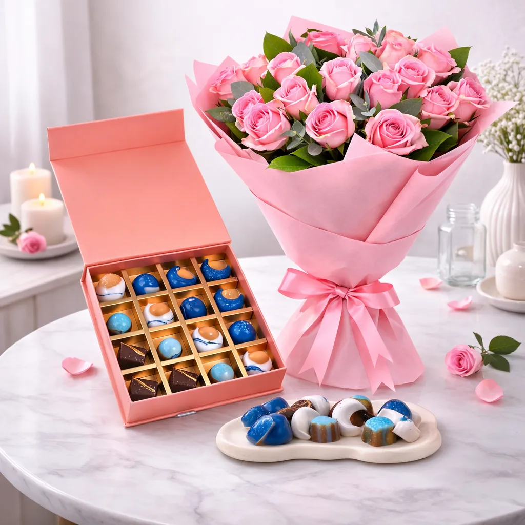 Pink rose bouquet with assorted chocolate gift box