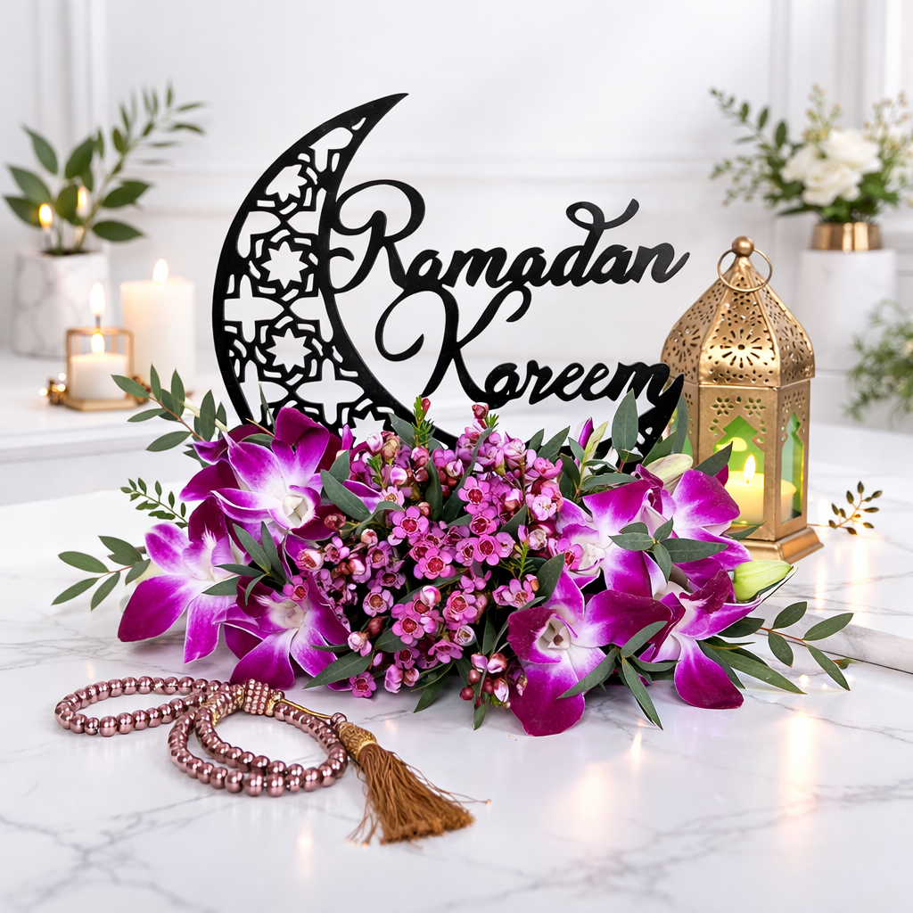 Ramadan Kareem orchid flower arrangement with lantern and tasbih