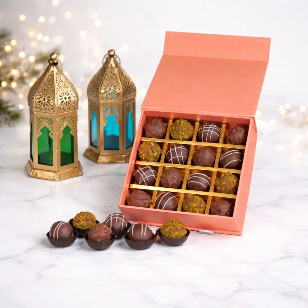 Luxury assorted chocolate truffles box with Ramadan lantern decor