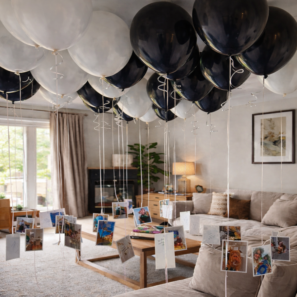 Black and white helium balloons floating with photo cards hanging from ribbons as room decoration