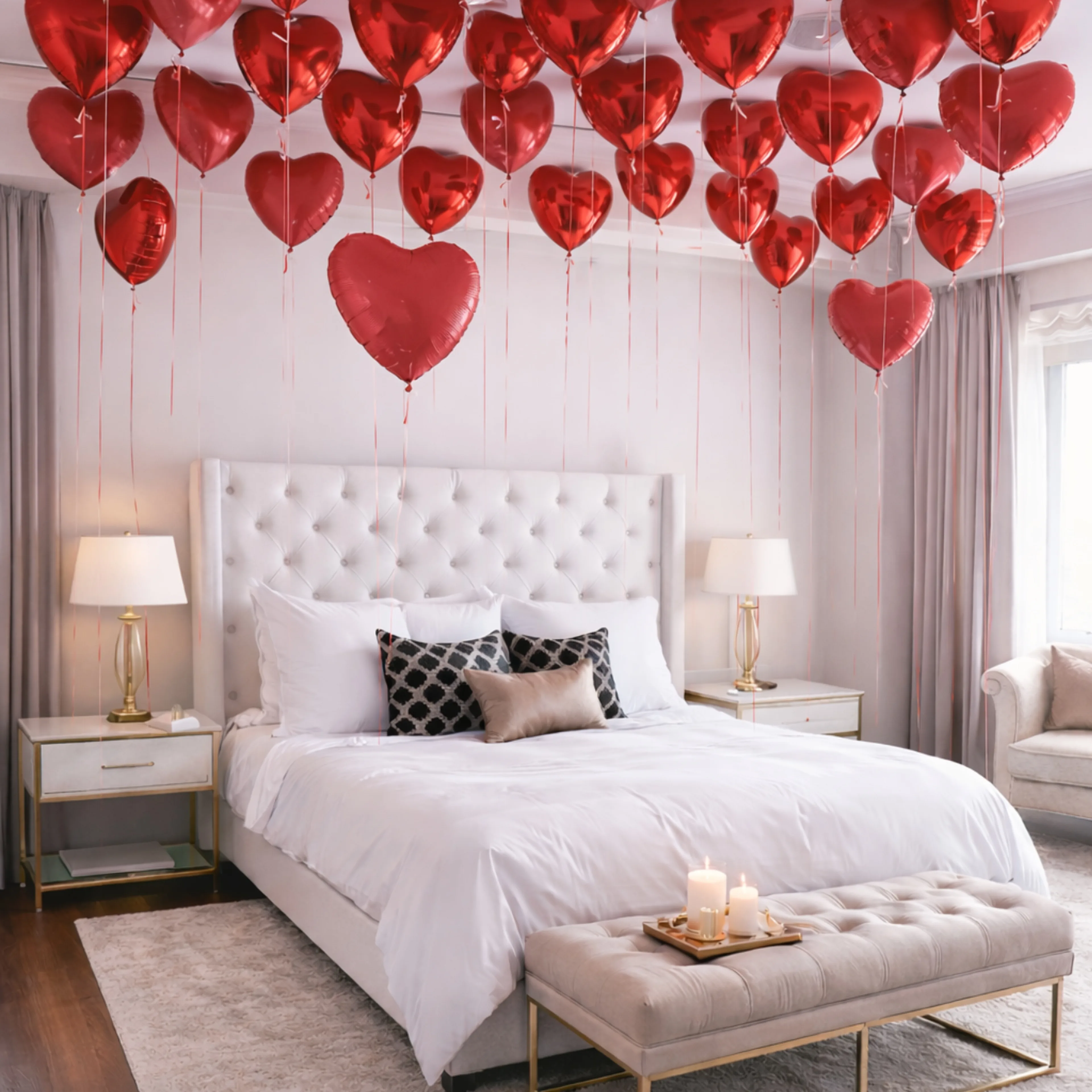 Elegant white bedroom decorated with red heart-shaped foil balloons floating from the ceiling with dangling ribbons and candles on a bench