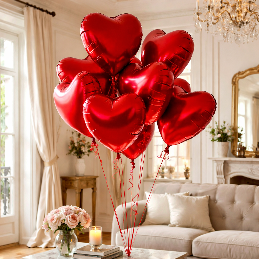 "Bunch of red metallic heart-shaped foil balloons with red ribbons in an elegant living room setting"