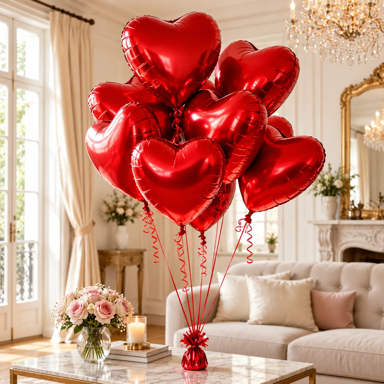 Classic Red Heart Balloons arrangement for anniversaries, proposals and Valentine’s Day