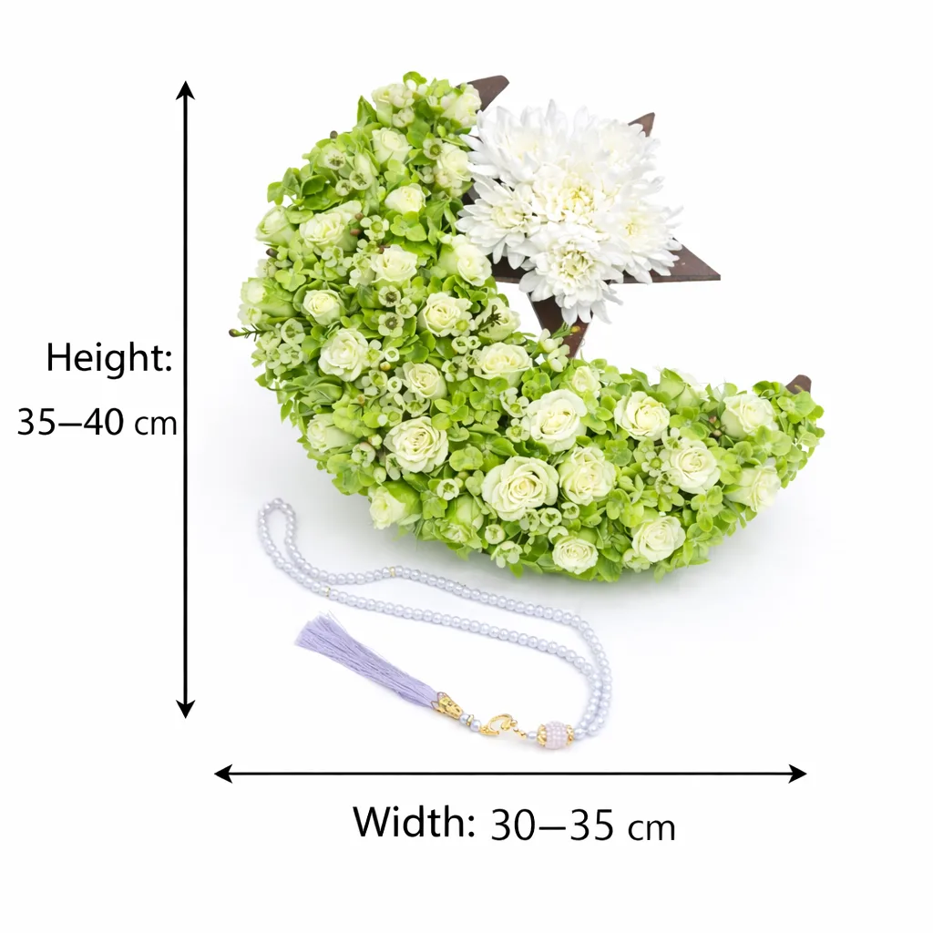 "White and green floral crescent moon and star arrangement with lavender prayer beads, sized 30–35 cm wide and 35–40 cm tall"