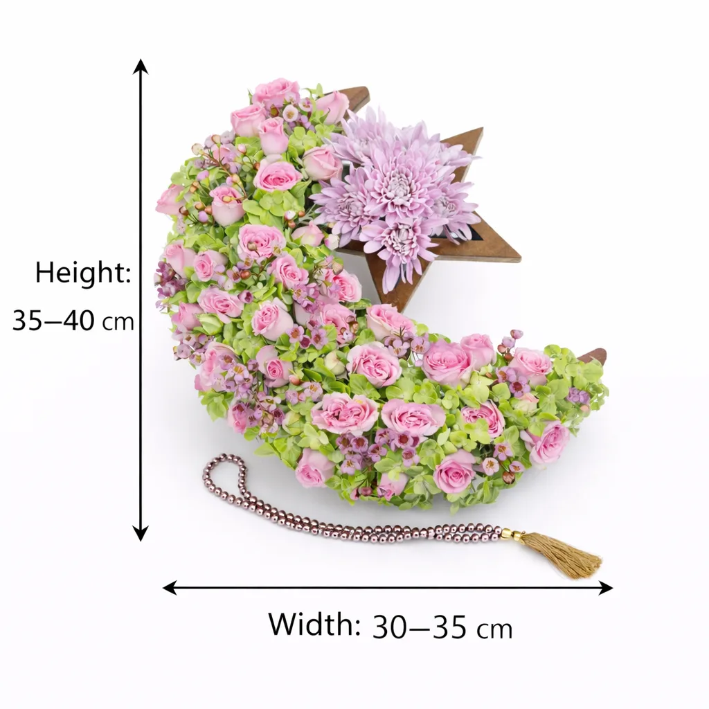 "Pink floral crescent moon and star arrangement with prayer beads, sized 30–35 cm wide and 35–40 cm tall"