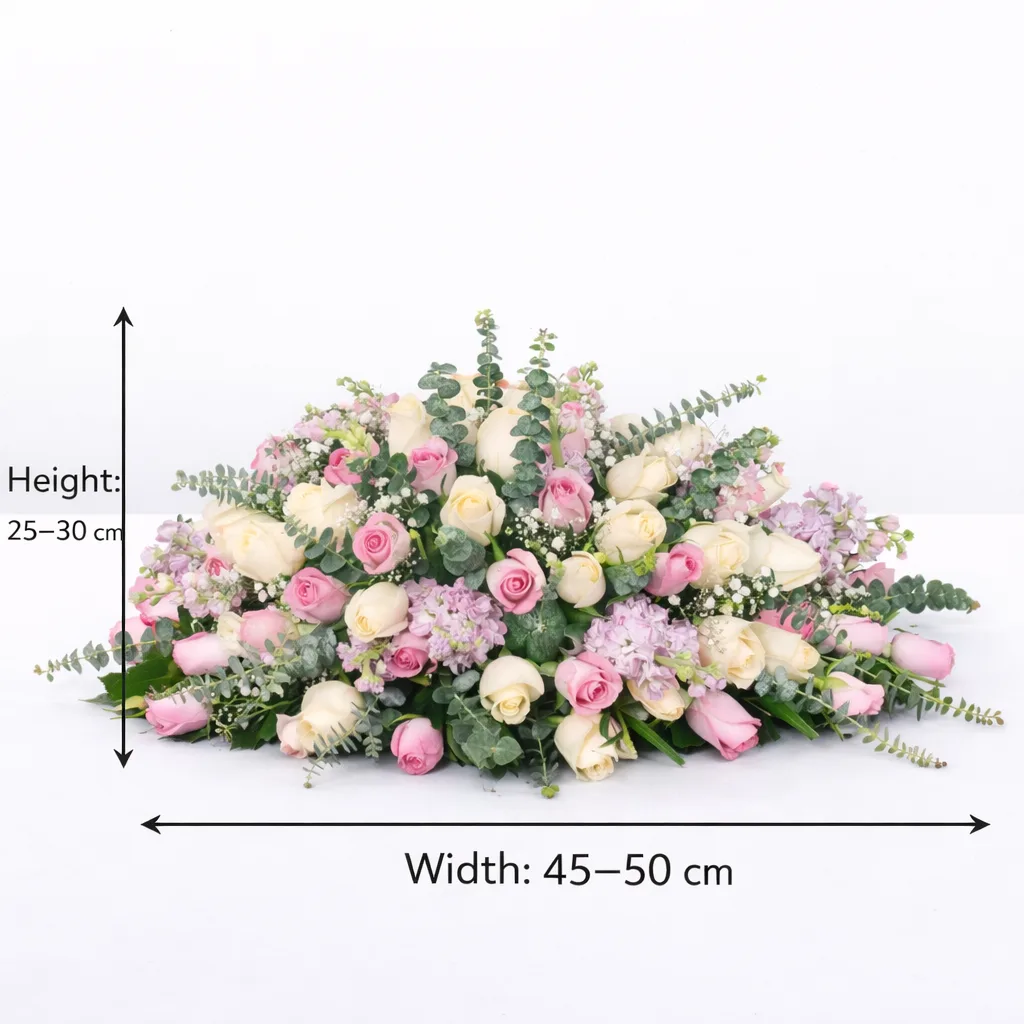 Oval floral centerpiece with cream and pink roses, lavender stock, baby's breath, and eucalyptus, with size dimensions showing 45–50 cm width and 25–30 cm height