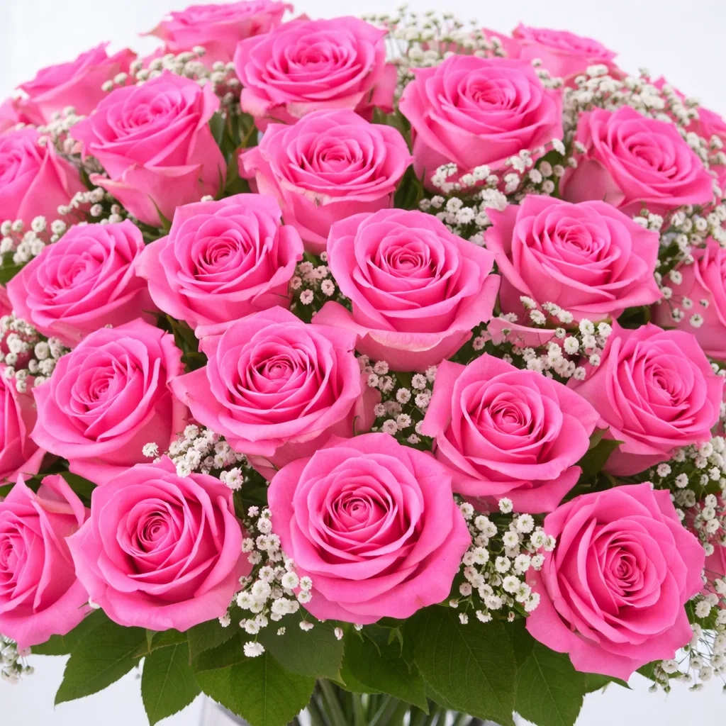 `Close-up of bright pink roses with white baby's breath accents against a white background.`