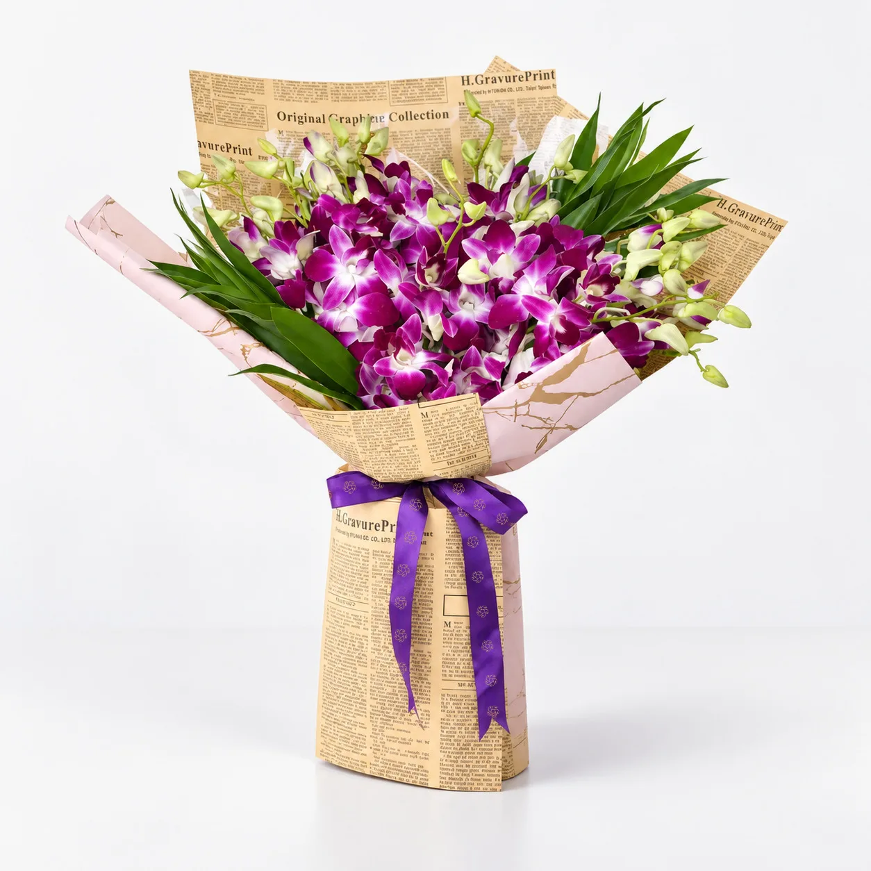 Purple Prestige bouquet featuring 15 elegant purple orchid stems in premium wrapping.
