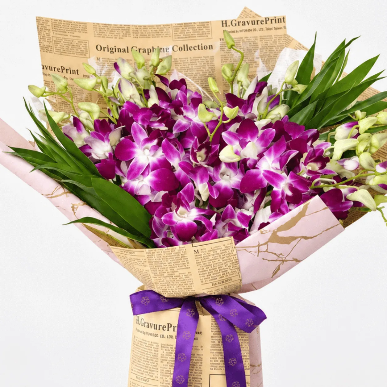 Elegant 15-stem purple orchid bouquet in premium wrapping for birthdays, anniversaries and special occasions.