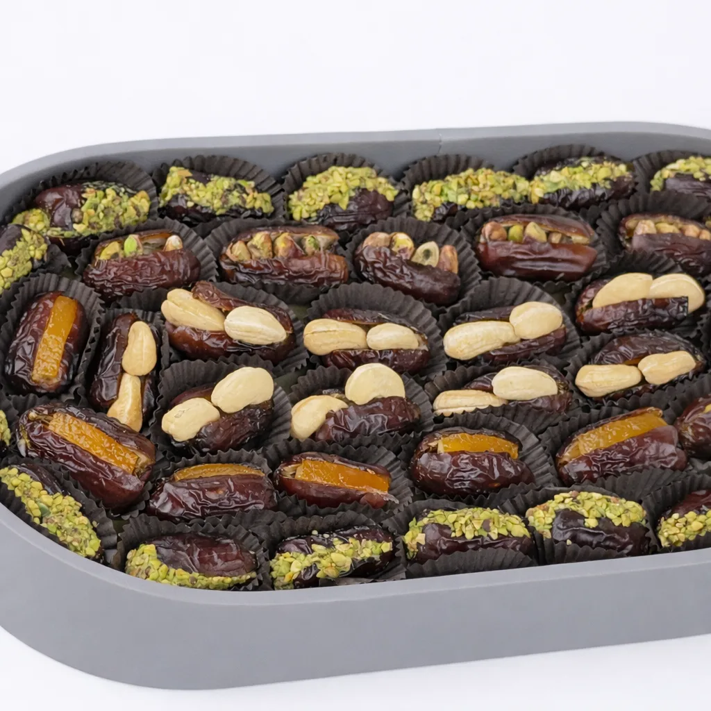 Close-up of premium stuffed dates with pistachios, cashews, and dried apricots arranged in a grey tray.