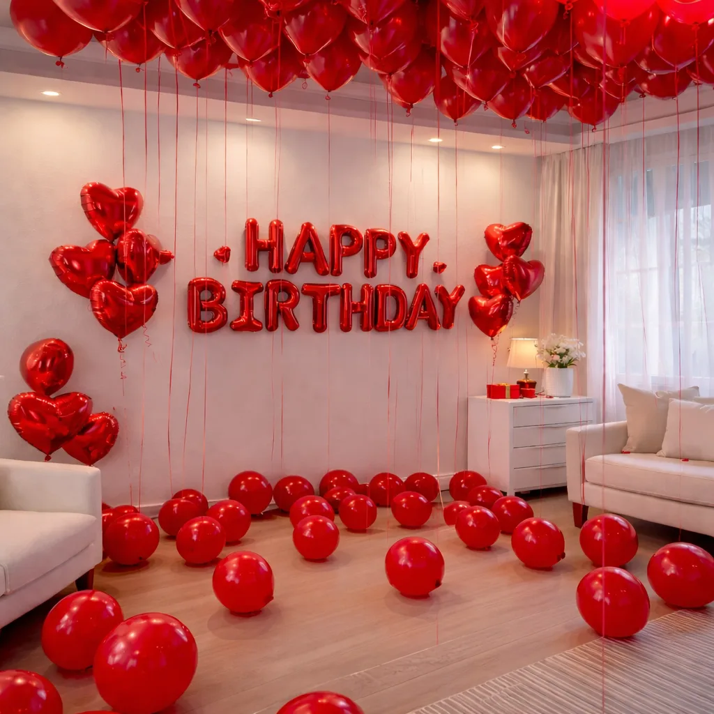 Room decorated with red helium balloons covering the ceiling, heart foil balloons, and a "Happy Birthday" foil letter balloon banner on the wall.