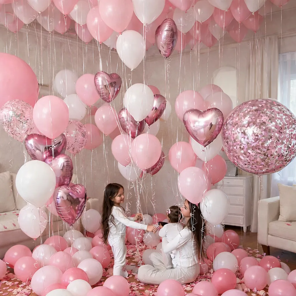 Two girls playing in a room filled with pink and white helium balloons, heart foil balloons, and a large confetti balloon