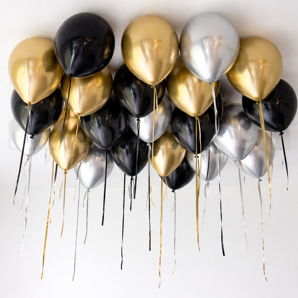 Chrome black, gold, and silver balloons floating against a white ceiling with trailing ribbon.