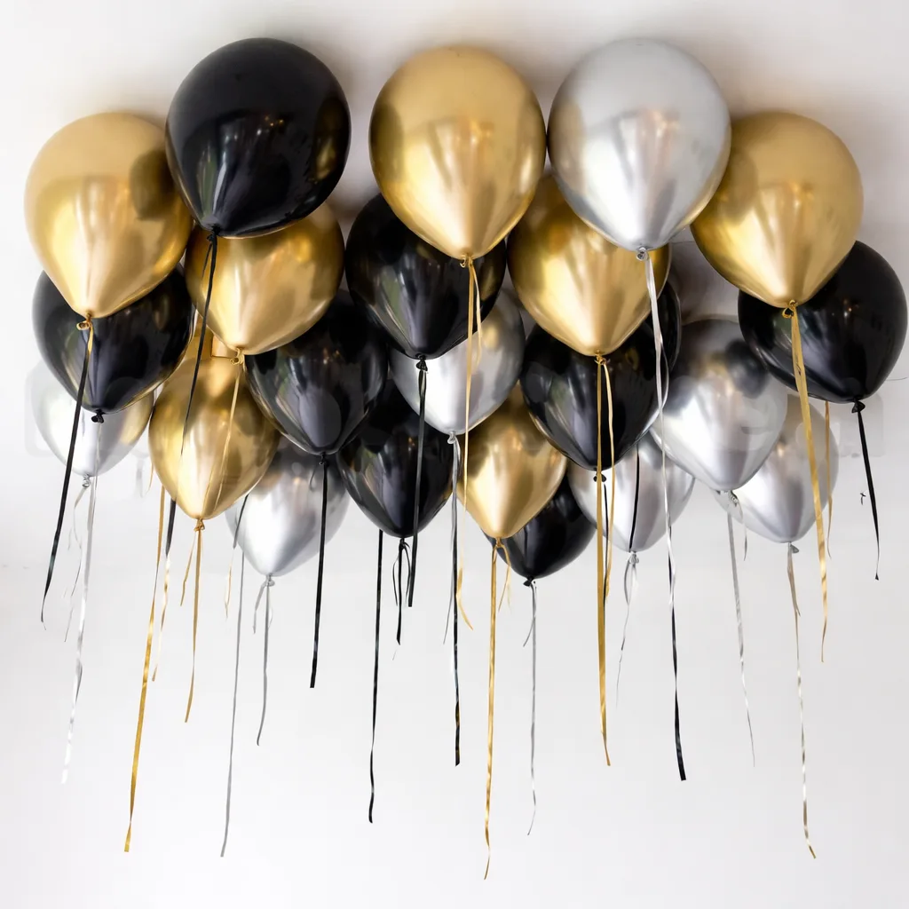 Chrome black, gold, and silver balloons floating against a white ceiling with trailing ribbon.