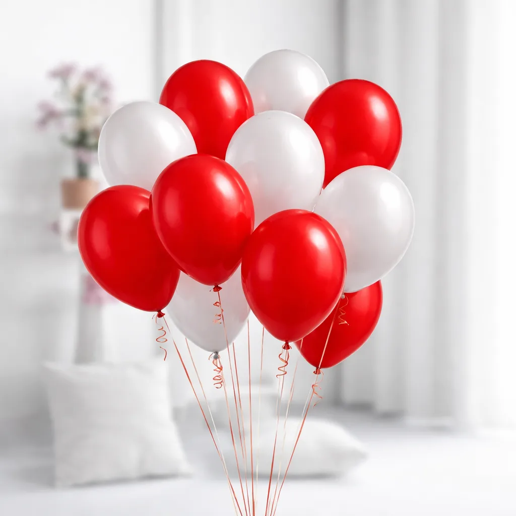 Bunch of red and white balloons with red curling ribbons in a bright room.