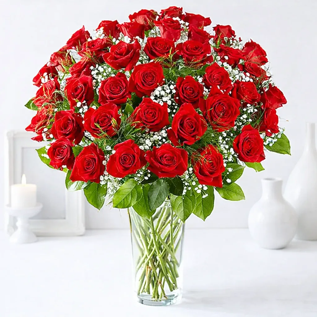 Large bouquet of red roses with baby's breath in a clear glass vase.