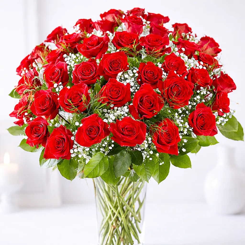 Close-up of abundant red roses with baby's breath in a clear glass vase.
