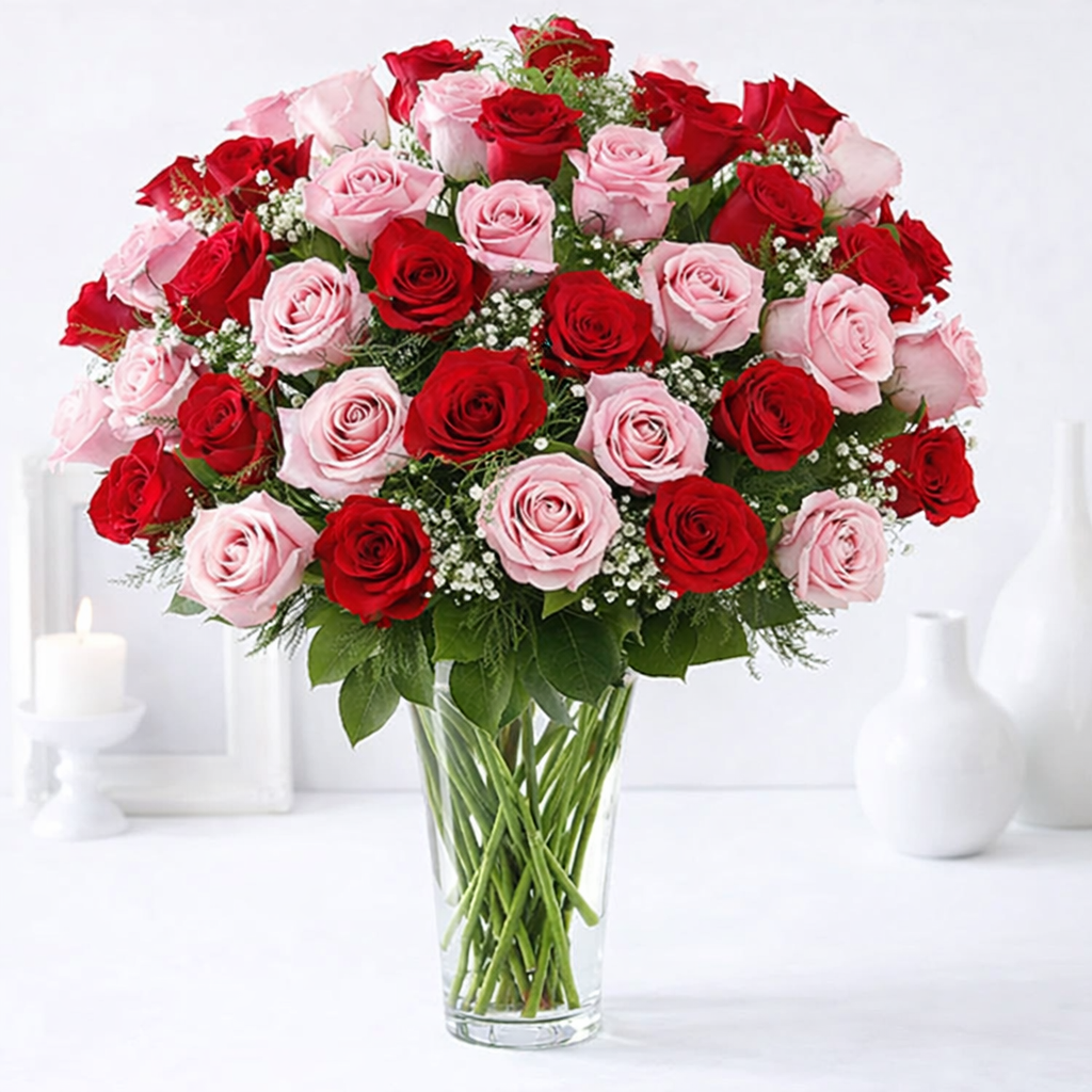 Large bouquet of red and pink roses with baby's breath in a clear glass vase.