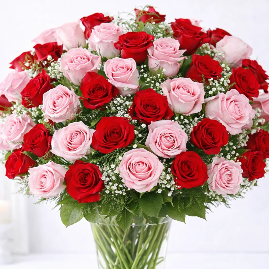 Close-up of abundant red and pink roses with baby's breath in a glass vase.