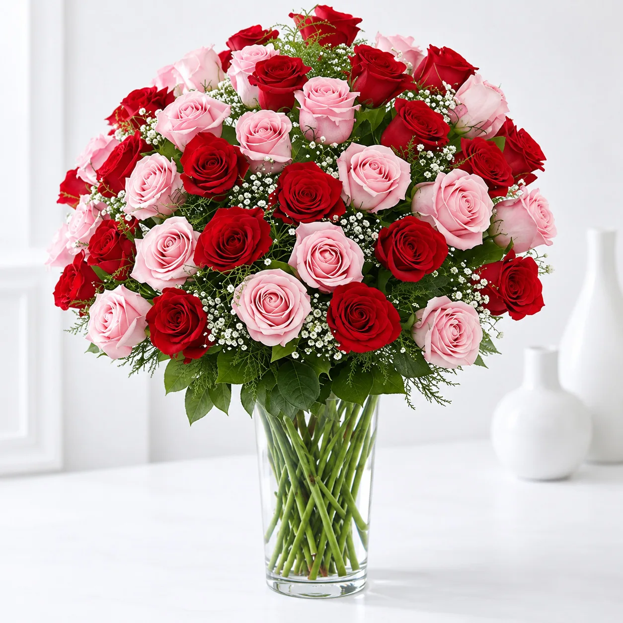 Classic 50 Red & Pink Roses Arrangement for romantic gifting in Dubai