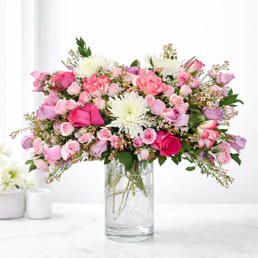 Large lush arrangement of pink roses, lavender roses, white spider mums, and wax flowers in a glass vase.