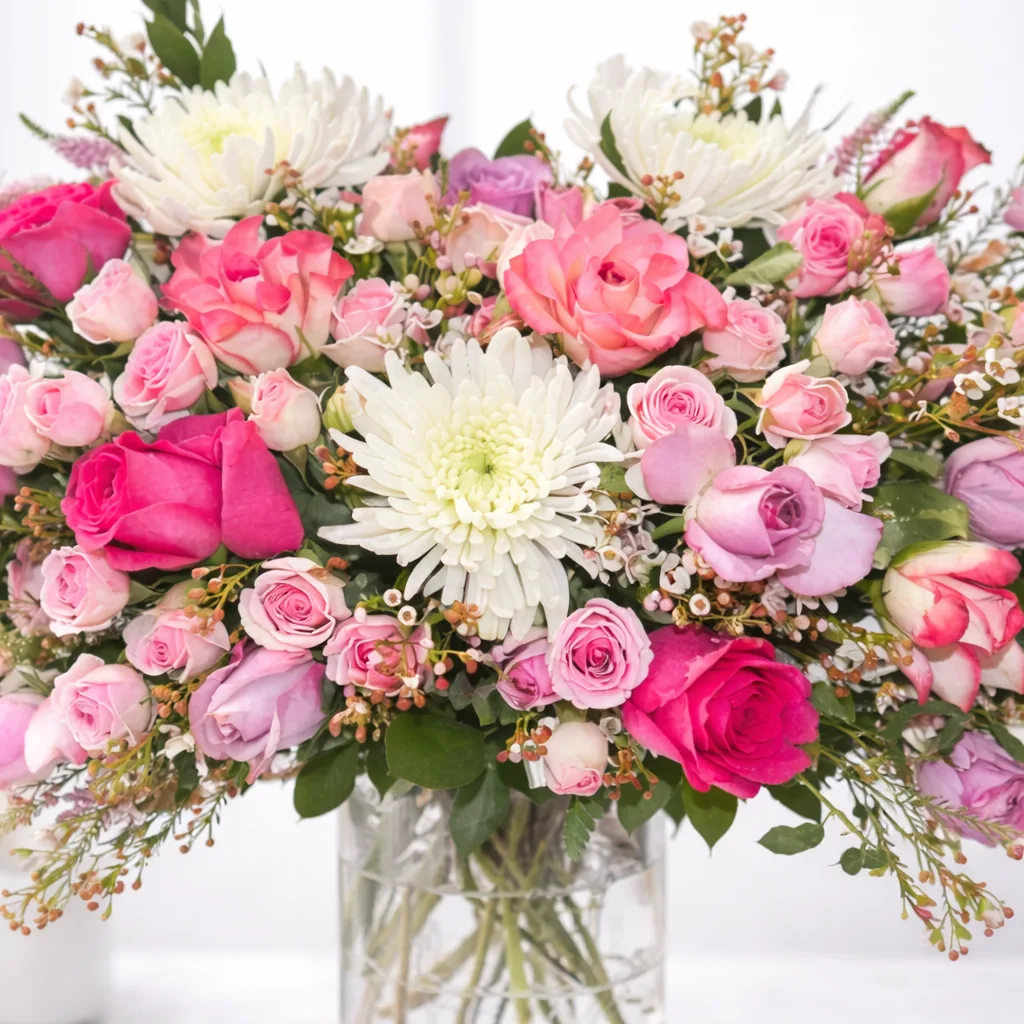 Close-up of hot pink roses, blush spray roses, lavender roses, white spider mums, and wax flower filler.