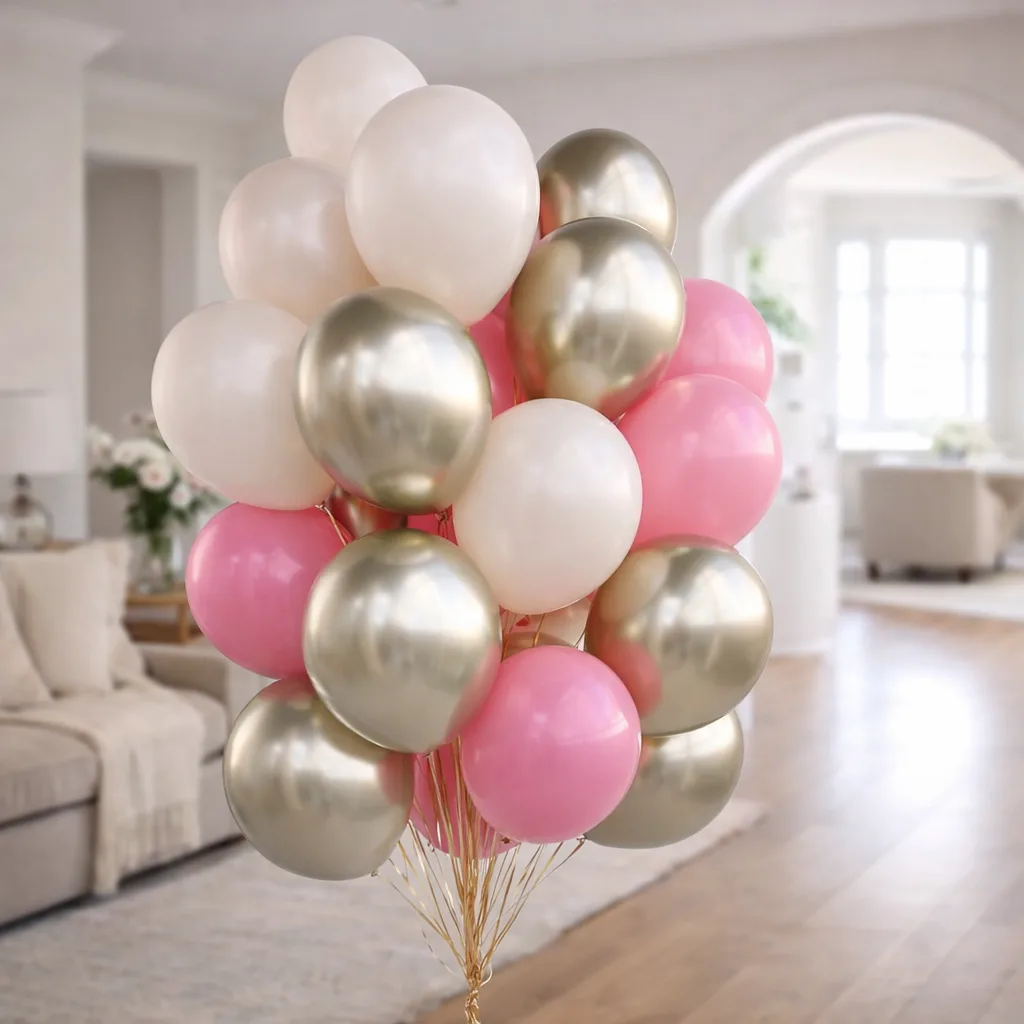 Bunch of pink, white, and chrome gold balloons floating in a bright living room.