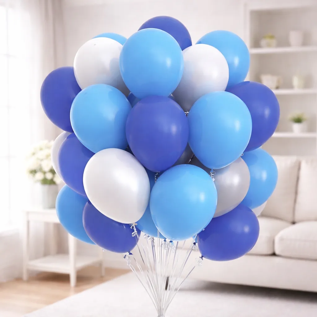 Navy, sky blue, and white balloon bouquet in a white living room.