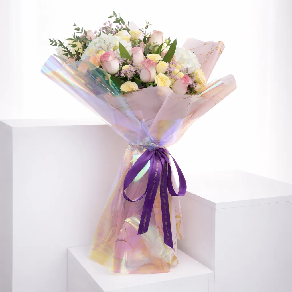 Luxury pink and cream rose bouquet in holographic iridescent wrapping on a white plinth.