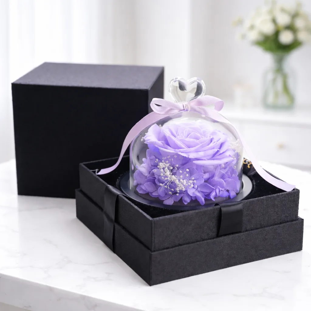 Preserved purple rose under a glass dome in a black luxury gift box.
