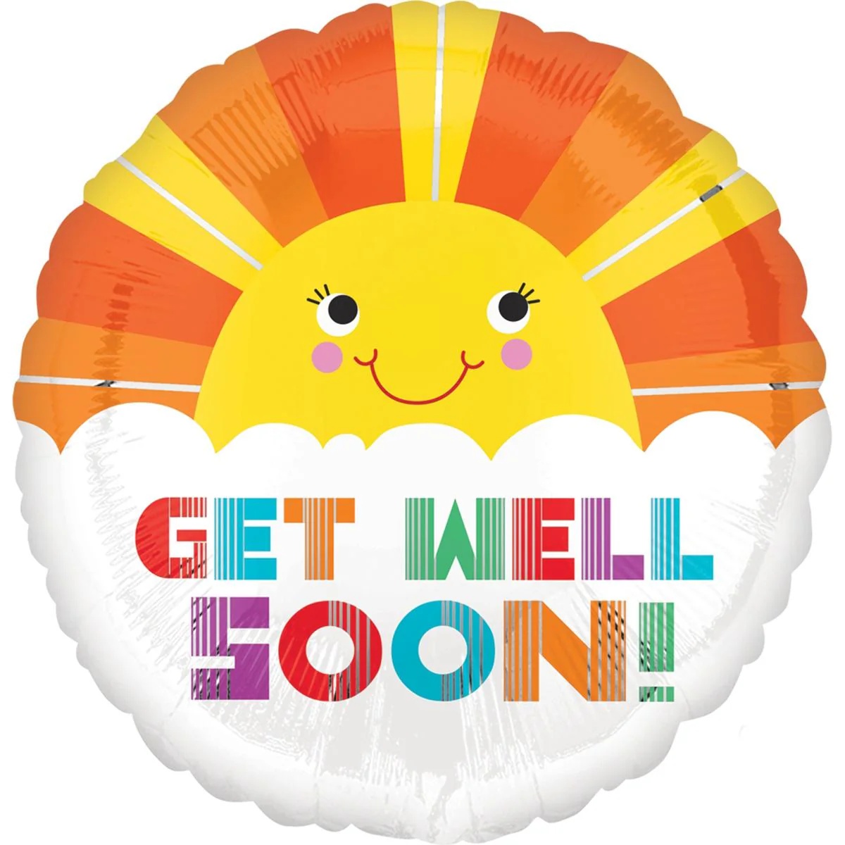 Get Well Soon foil balloon with smiling sunshine design.