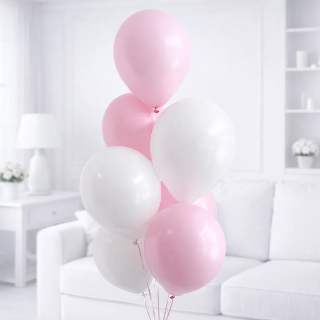 Pink and white balloon bouquet in a white room.