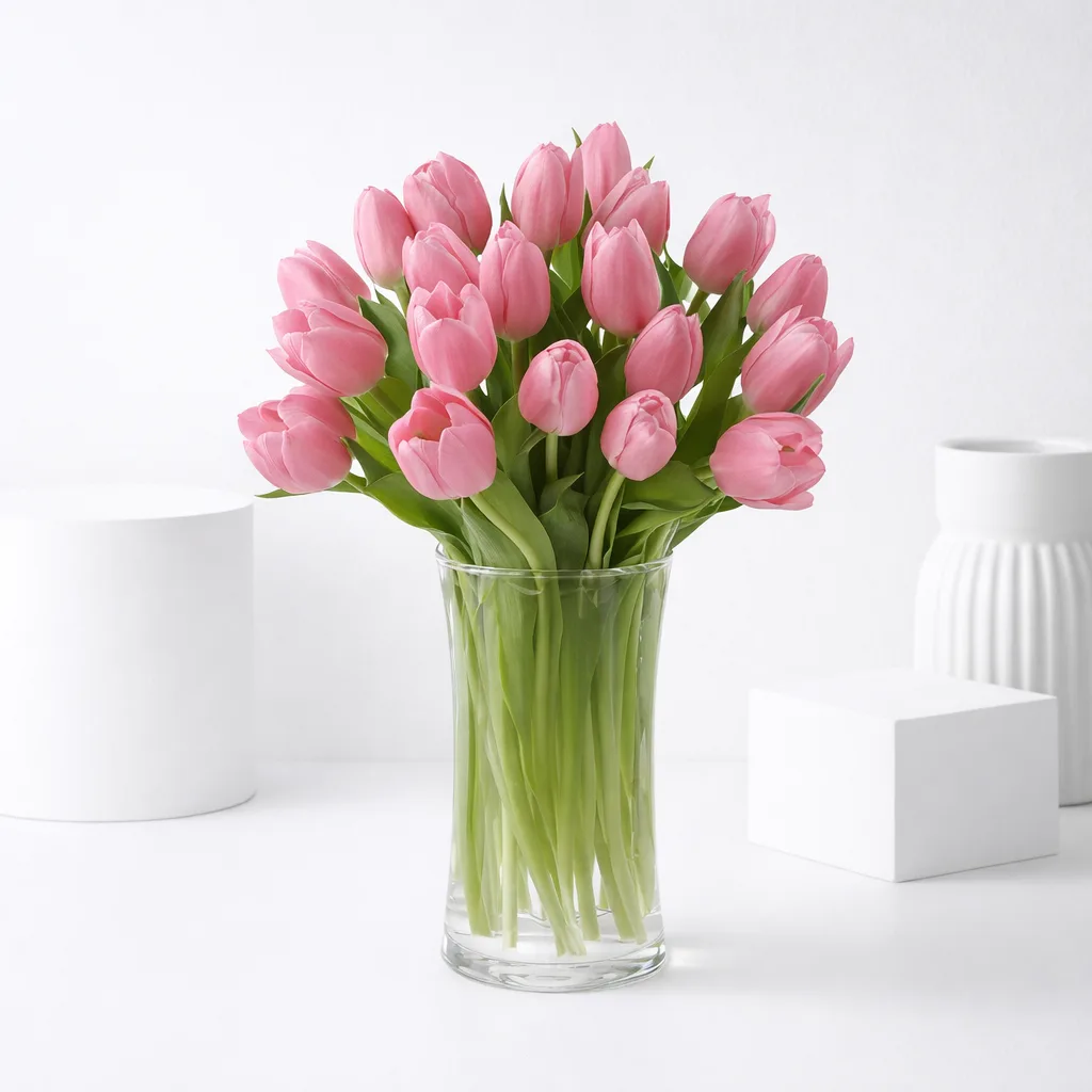 Pink tulips bouquet in a clear glass vase.