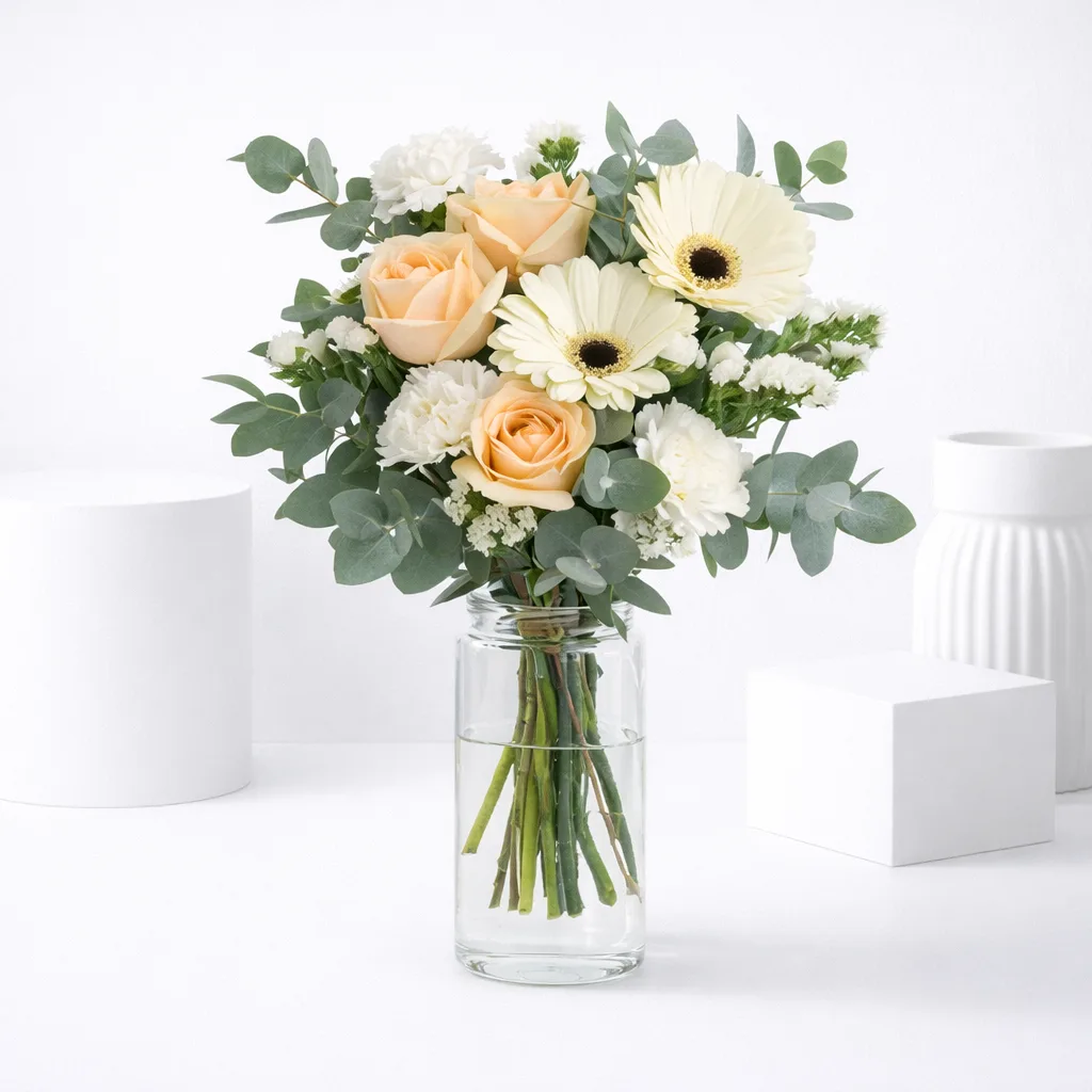 Peach roses and white gerbera daisies bouquet in a glass vase.