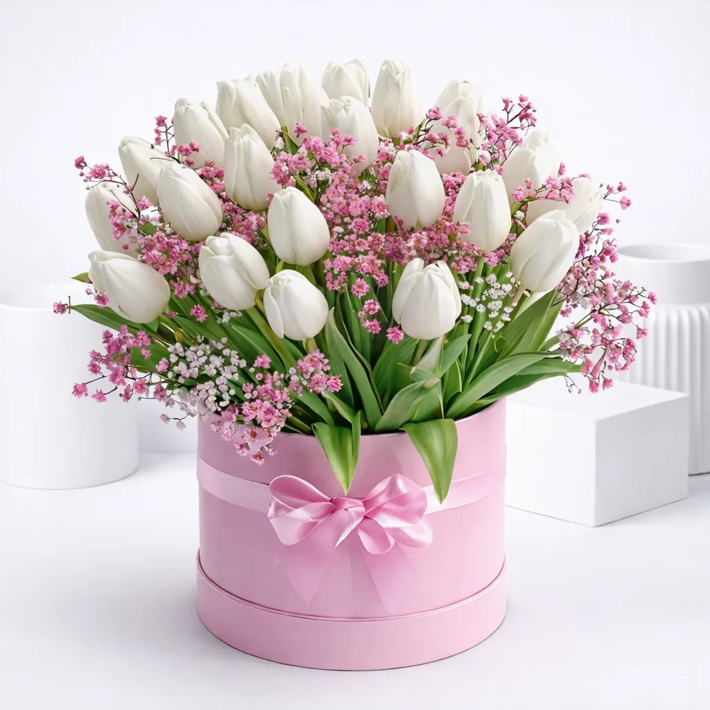 White tulips and pink baby's breath arranged in a pink hat box with a satin bow.