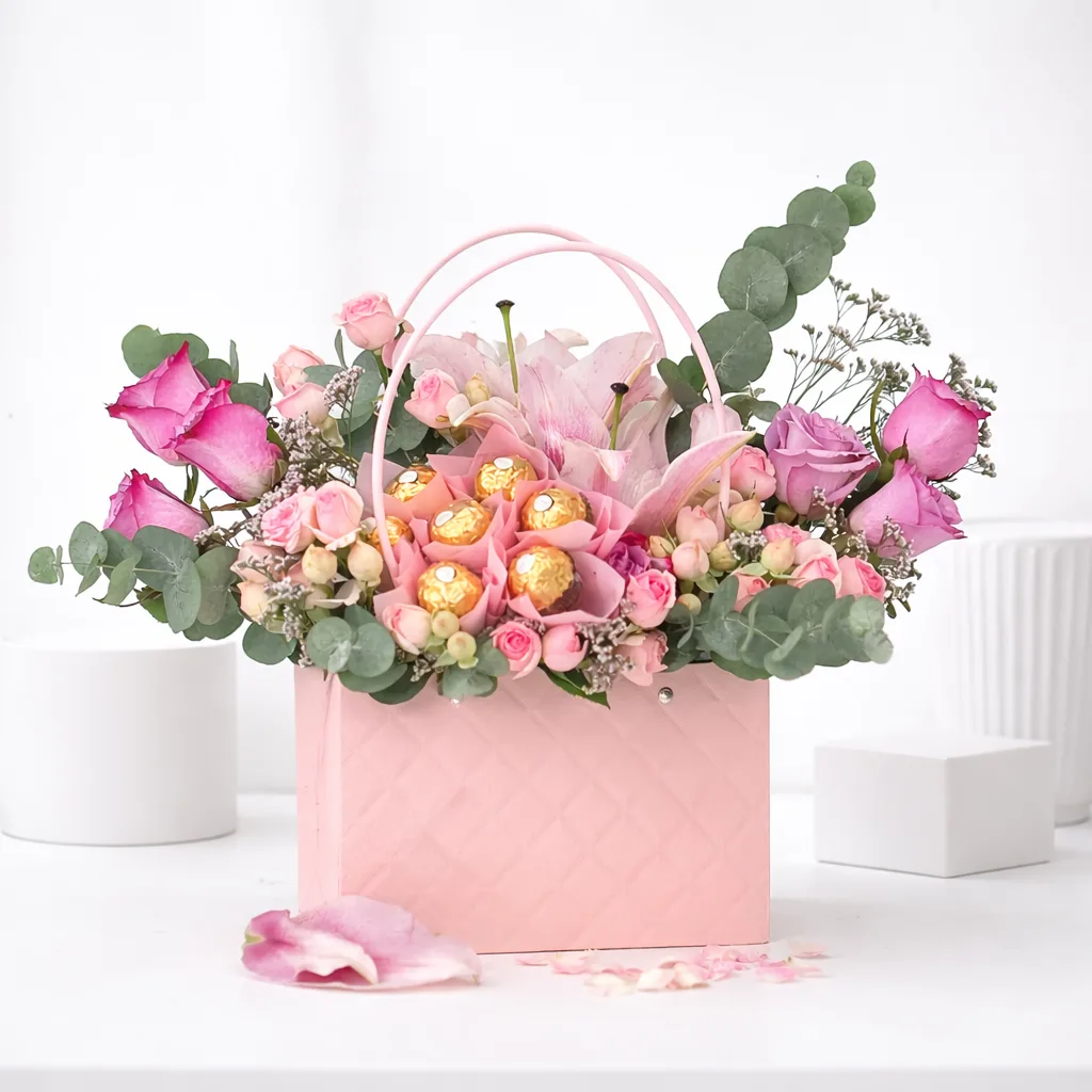 Pink roses, lilies, and spray roses with Ferrero Rocher chocolates and eucalyptus arranged in a pink quilted handbag-style flower box.