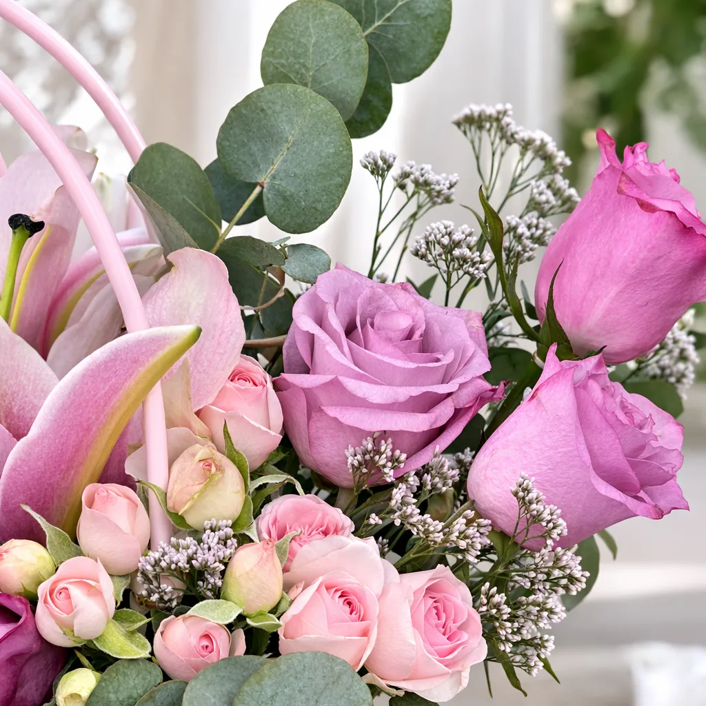 Macro shot of lavender and pink roses, pink lilies, soft pink spray roses, and wax flowers with eucalyptus in a pink quilted flower bag.