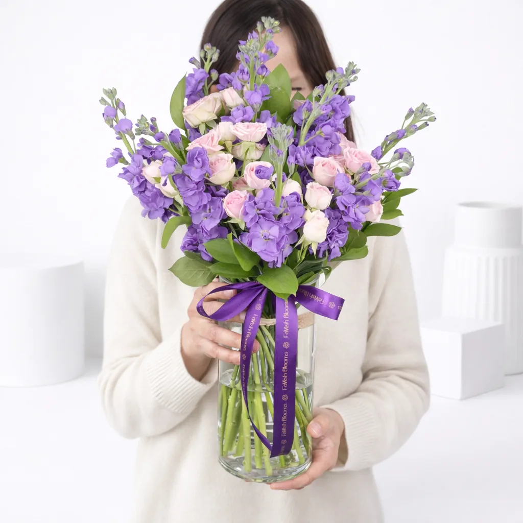 Woman in white sweater holding glass vase of purple stock flowers and pink spray roses with purple ribbon.