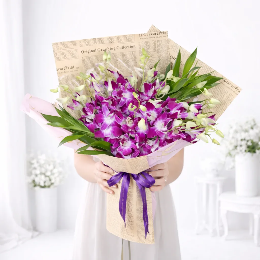 Woman holding a large purple orchid bouquet wrapped in newspaper print paper with a purple ribbon.