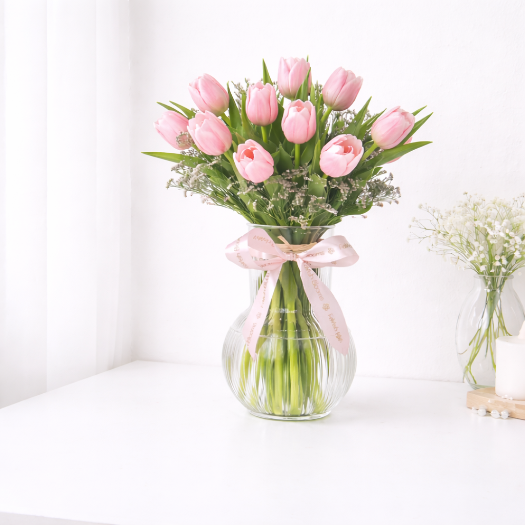 Pink tulip bouquet in a glass vase with a pink ribbon bow on a white table.