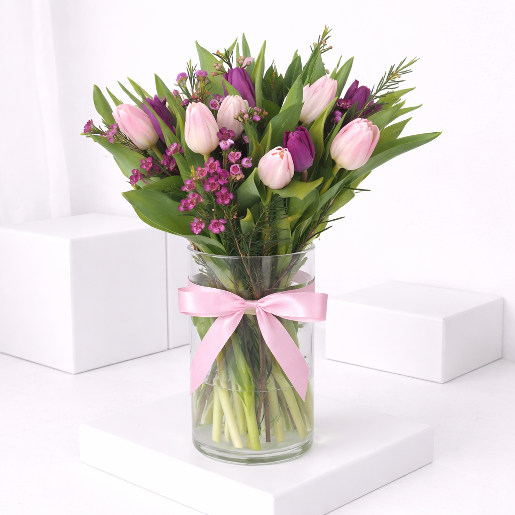 `Pink and purple tulips with wax flowers in a glass vase tied with a pink satin ribbon`