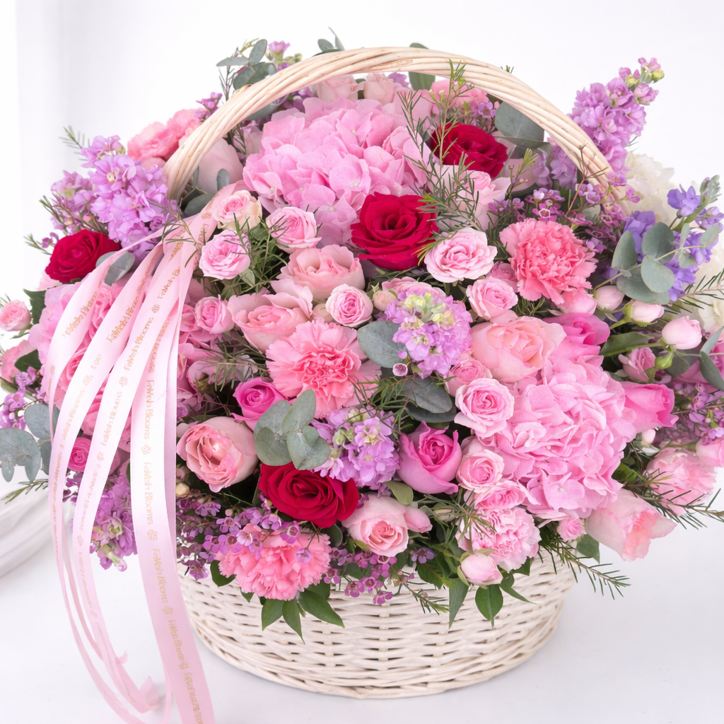 Pink and red floral basket with roses and hydrangeas.